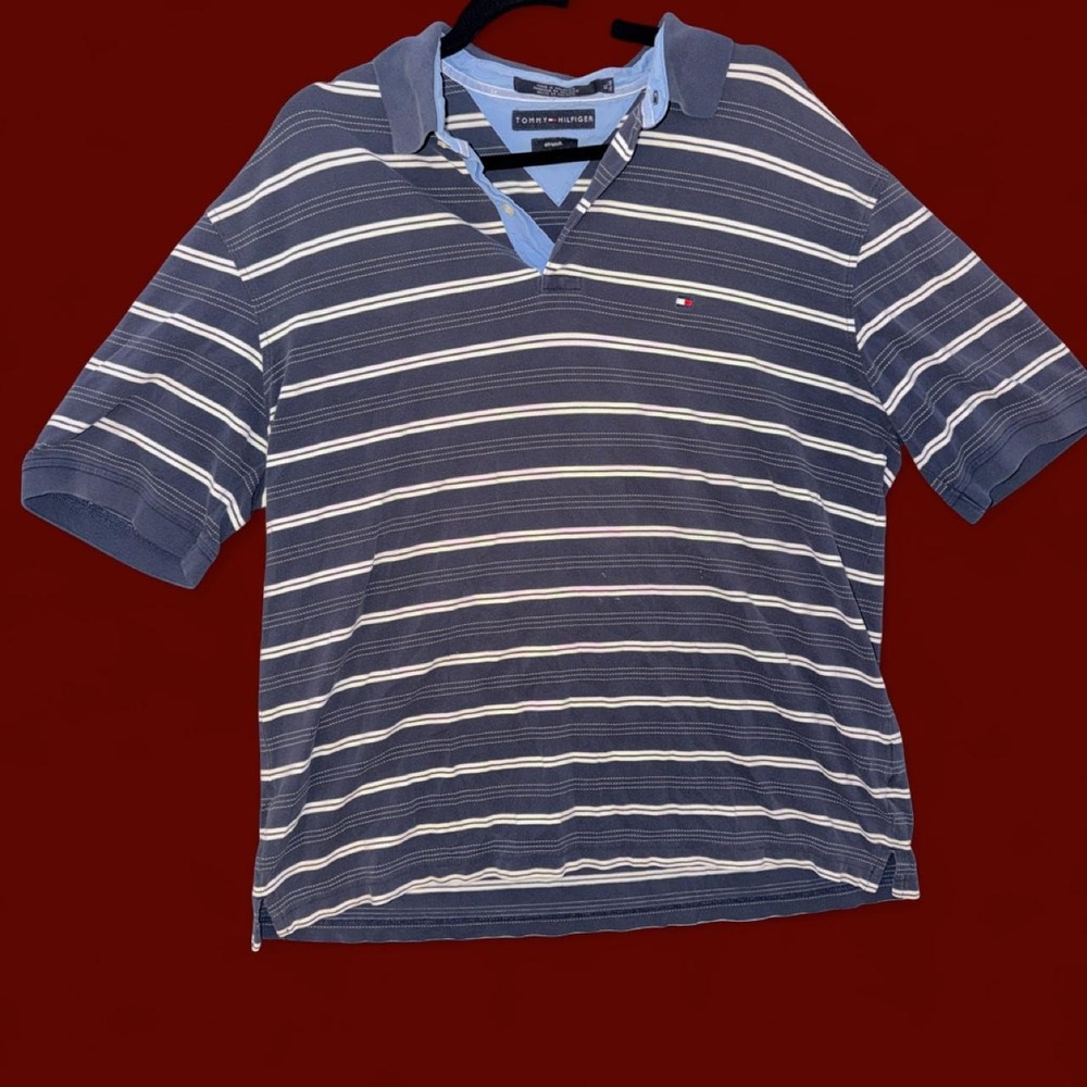 Tommy Hilfiger Men's XL Navy Striped Stretch Polo Shirt Flag Logo Short Sleeve